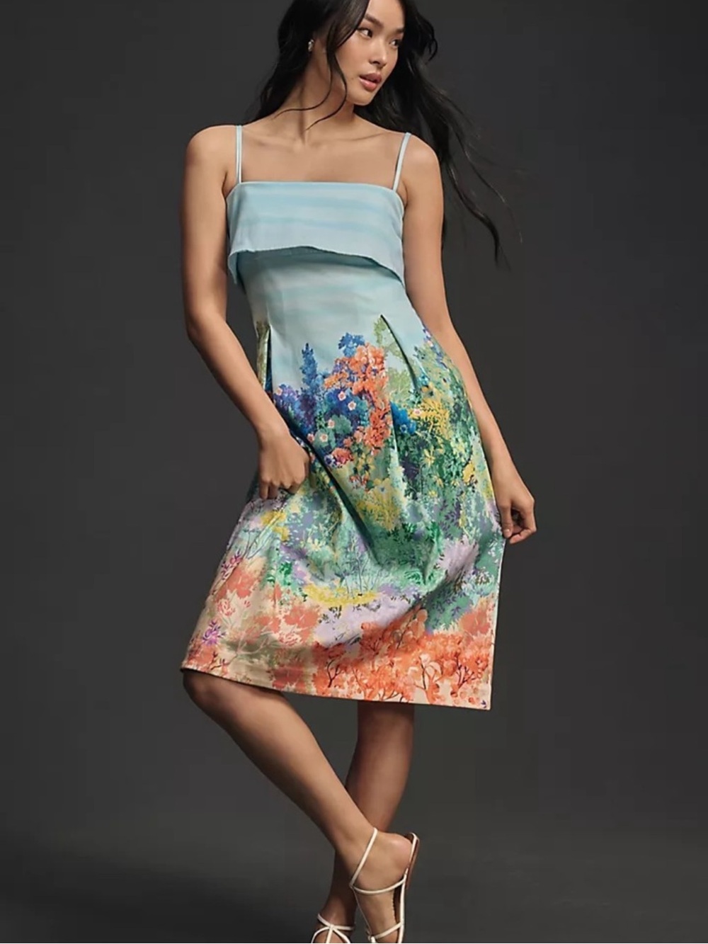 Anthropologie Landscape Floral Midi Dress – Blue Fit & Flare Garden Print
